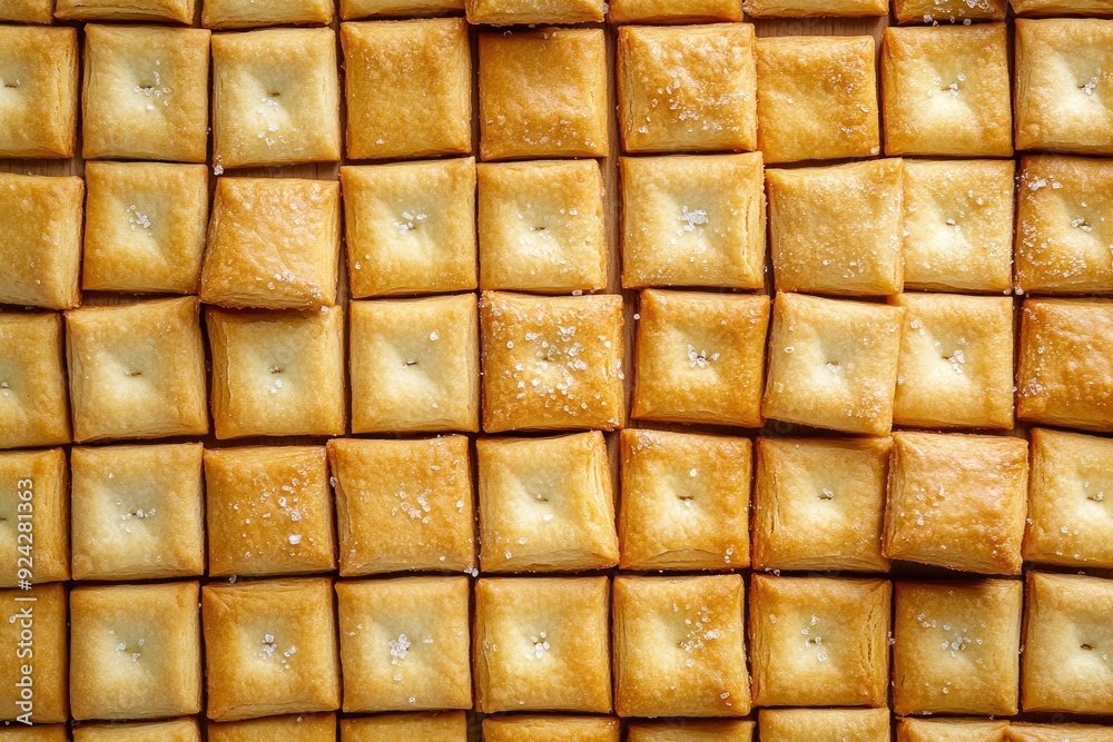 A lot of small cookies are square shaped. A pattern of a yellow salt cracker. Background image with salted pastry with generative ai A lot of small cookies are square shaped. A pattern of a yellow salt cracker. Background image with salted pastry with generative ai