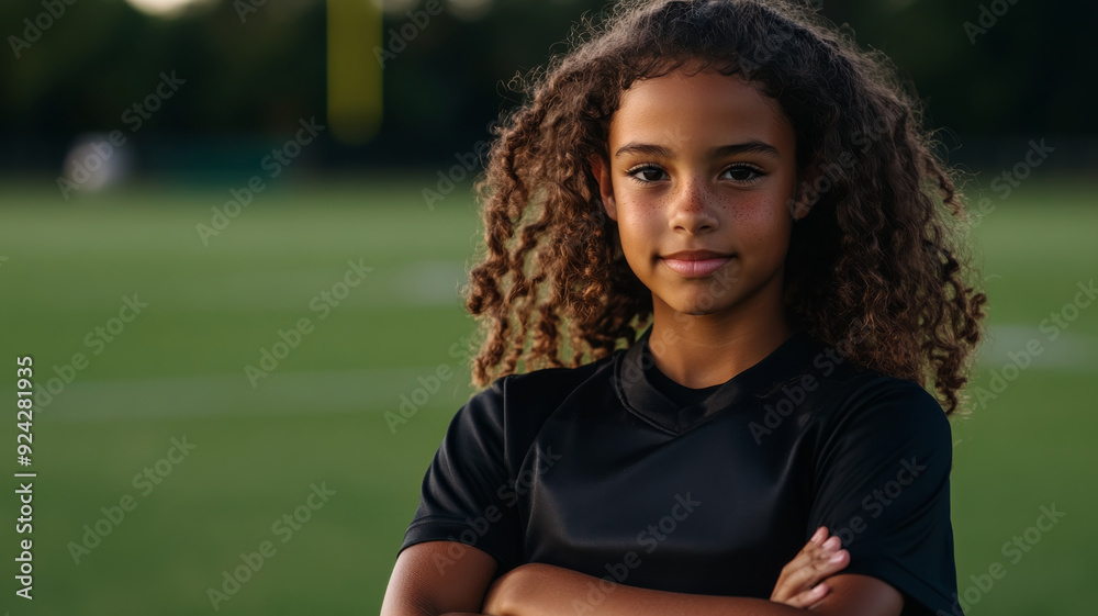 portrait of a teenage female flag football player with field in behind them portrait of a teenage female flag football player with field in behind them