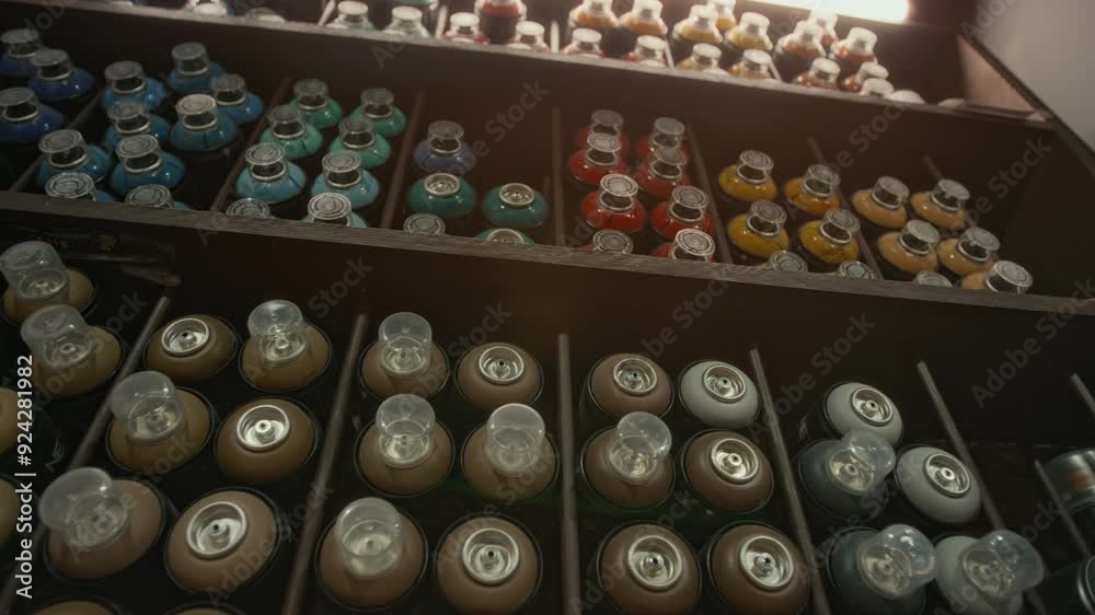 No people low angle shot of shelves with assortment of aerosol spray paints of various colours in graffiti supplies store, during workday No people low angle shot of shelves with assortment of aerosol spray paints of various colours in graffiti supplies store, during workday