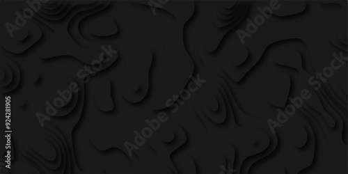 Abstract wavy line 3d paper cut black background with shadows. Abstract realistic papercut decoration textured with wavy layers. Topographic contour lines vector map seamless pattern vector.