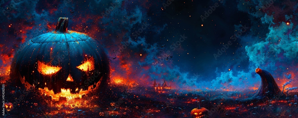 Fototapeta premium Happy abstract dark Halloween background with creepy pumpkins and scary smoke clouds. Jack pumpkin head. Illustration for card or poster for Halloween greetings. With copy space