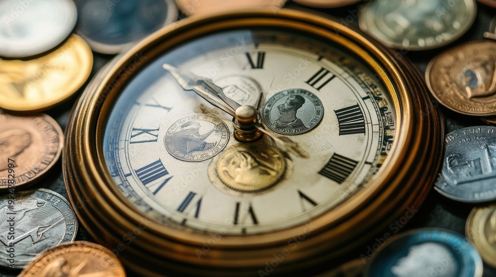 A clock with multiple currencies circling around it, symbolizing the continuous and dynamic nature of the forex market. ongoing flow and activity within global financial trading. A clock with multiple currencies circling around it, symbolizing the continuous and dynamic nature of the forex market. ongoing flow and activity within global financial trading.
