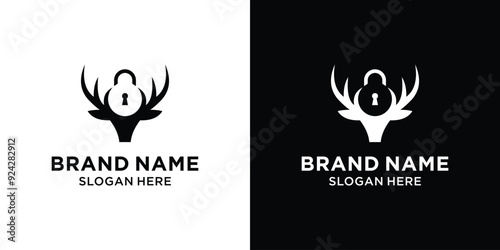 Deer and Key Padlock Logo Design Template.