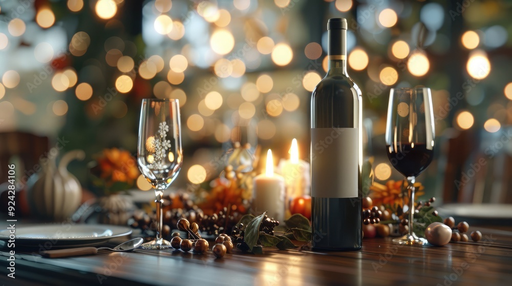 Elegant holiday dining setting with wine bottle, glasses, festive decorations, and bokeh lights capturing the warmth of celebration.