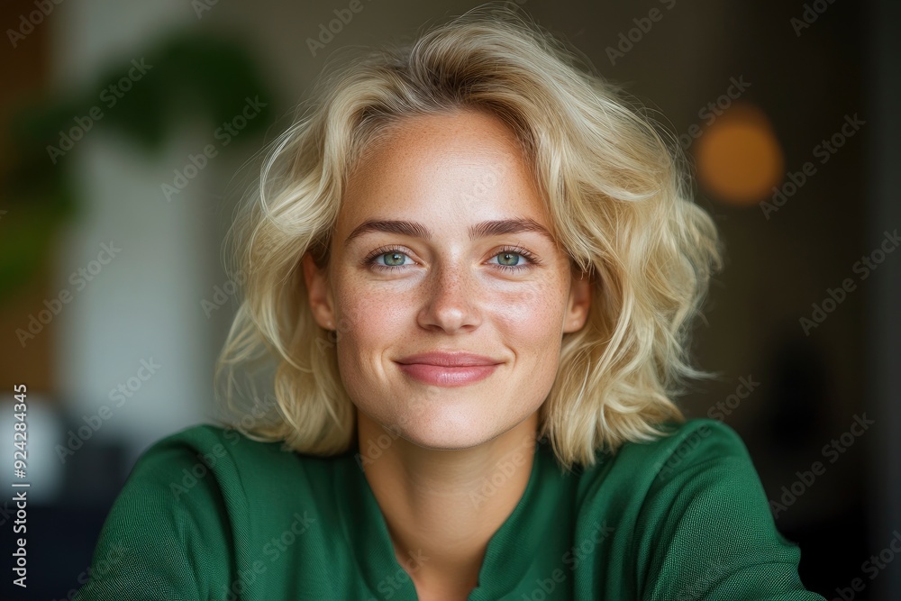 Happy Blonde Businesswoman Looking At The Camera, Seated Confidently At Her Desk Happy Blonde Businesswoman Looking At The Camera, Seated Confidently At Her Desk
