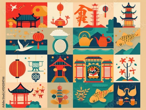 Chinese Zodiac Poster Featuring Year of the Rooster and Year of the Pig Symbols and Chinese Characters