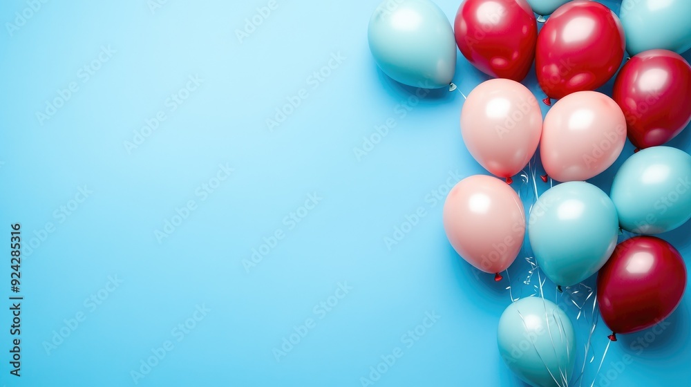 Festive balloons on blue blank background with copy space area Festive balloons on blue blank background with copy space area
