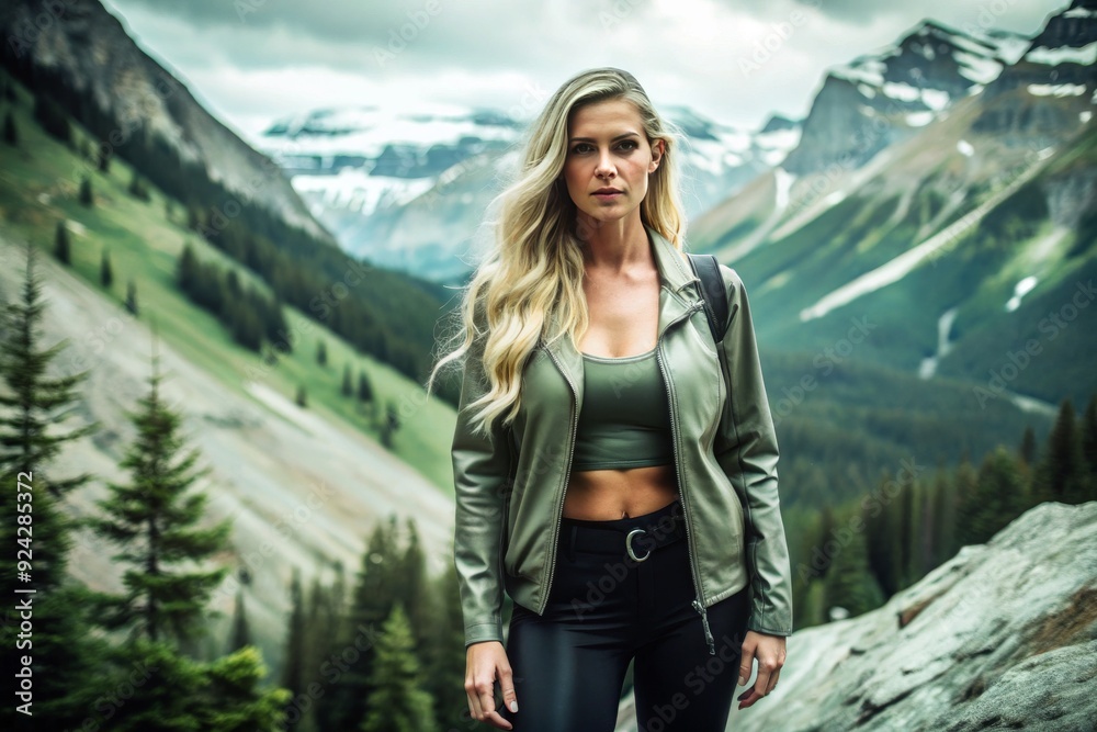 Naklejka premium A blonde woman wearing a green jacket stands in front of a mountain range