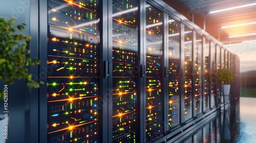 Modern data center with illuminated server racks, highlighting advanced technology and network infrastructure in a secure environment.