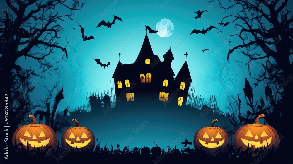 Halloween background with pumpkins and haunted house Halloween background with pumpkins and haunted house
