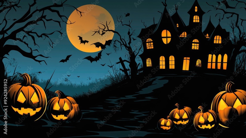 Halloween background with pumpkins and haunted house Halloween background with pumpkins and haunted house