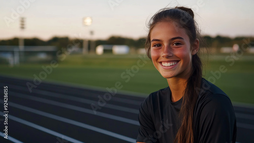 portrait of a teenage female track star with field in behind them