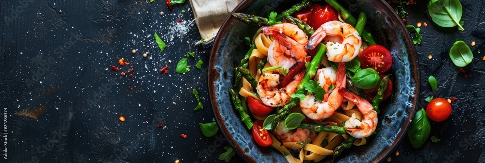 Fototapeta premium Savory Italian Pasta with Fresh Tomatoes, Basil, Grilled Asparagus, and Shrimp