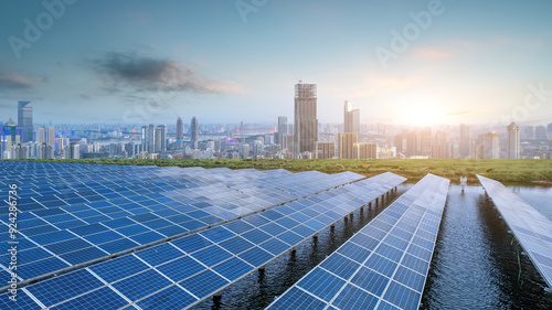 Photography Urban Sunset Over Solar Panels: Embracing Renewable Energy
