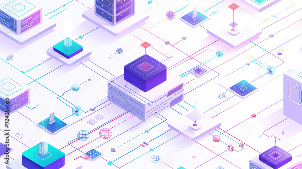 Abstract graphic connects AI boxes on a white and purple color