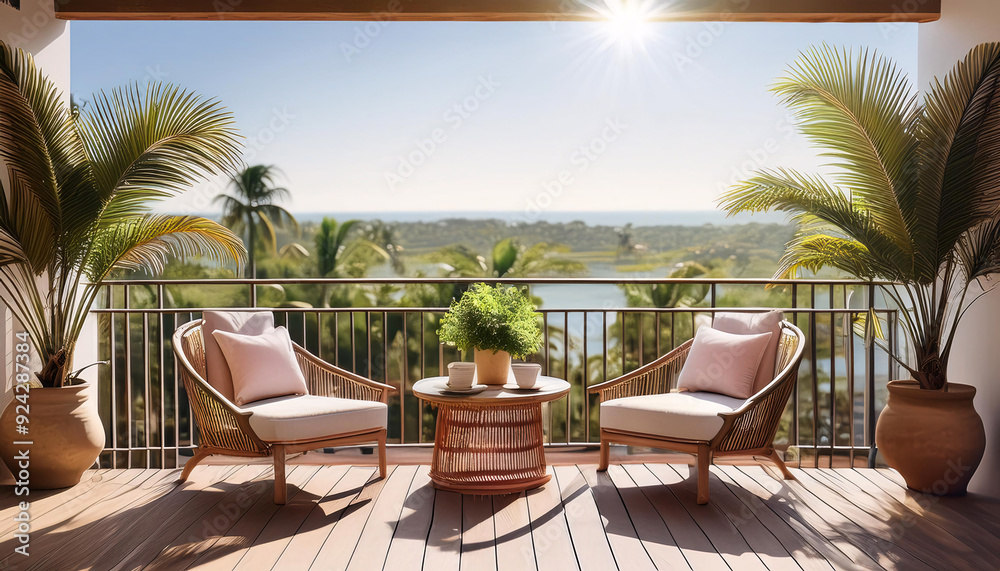 Fototapeta premium Sunny balcony view with chairs overlooking a lush landscape