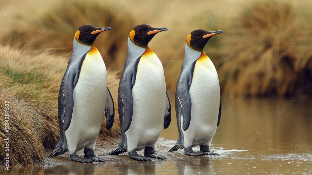 Fototapeta premium Three King Penguins Standing By a Water Source