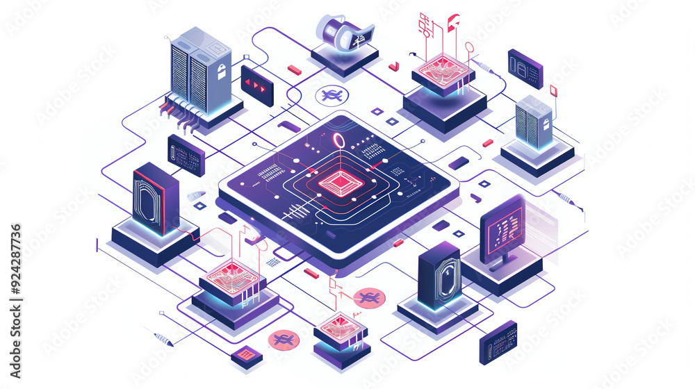 Abstract graphic connects AI boxes on a white and purple color Abstract graphic connects AI boxes on a white and purple color