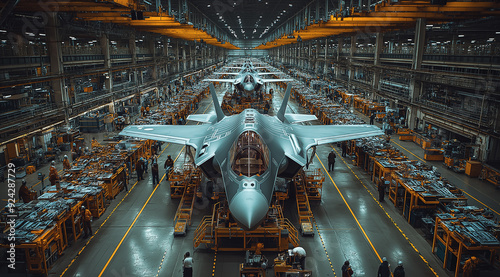 Fighter jet under assembly in high-tech aerospace manufacturing facility
