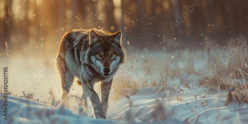 Gray Wolf Canis lupus Running Through Snowy Winter Field Captive Animal