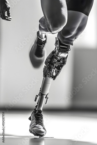 Man amputee with prosthetic robotic bionic leg. Modern technology, prosthesis medicine. Summer Paralympic Games. International Day of Persons with Disabilities photo