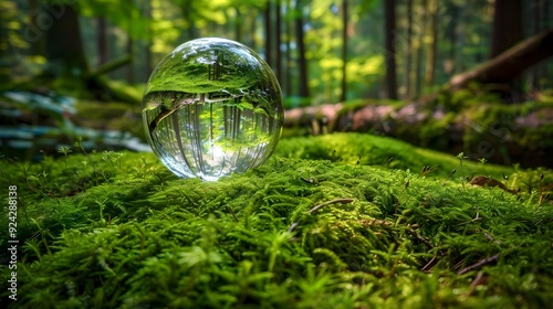 Glass ball on the green moss in the forest concept of protect environment 