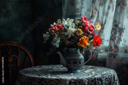 bouquet of garden flowers in a teapot on a table with a lace tablecloth. dark still life.