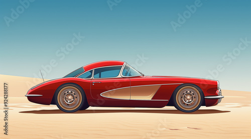 Vintage red sports car parked on a dry salt flat under a clear blue sky. 