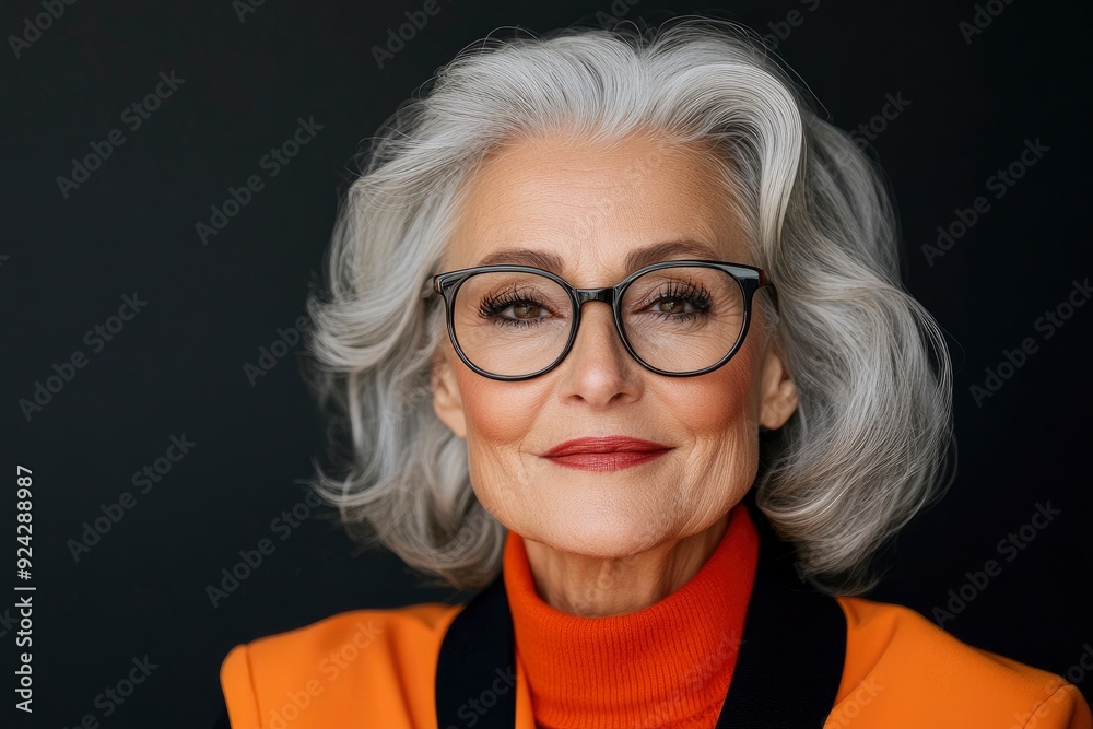 Happy Mature Woman With Gray Hair And Glasses, Stylish Jacket, Confident And Radiant Happy Mature Woman With Gray Hair And Glasses, Stylish Jacket, Confident And Radiant