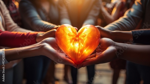 A warm heart symbol being held by multiple hands, representing love, unity, and compassion in a collaborative spirit. photo