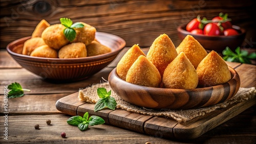 Traditional Brazilian coxinhas snack on a background, Brazilian, coxinhas, food, snack, traditional, fried, chicken, appetizer photo