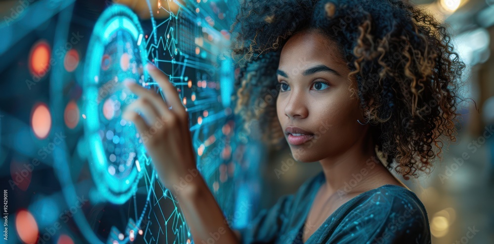Woman Interacting with Digital Interface Woman Interacting with Digital Interface