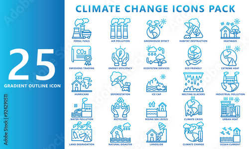 Climate change gradient outline icon set, contain pollutions, energy, ecosystem, deforestation and more. vector EPS 10. use for UI, UX, app and web development. for ecology and environmental.
