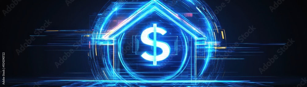 Futuristic illustration of a digital house symbol with a dollar sign, representing smart home finance and modern real estate. Futuristic illustration of a digital house symbol with a dollar sign, representing smart home finance and modern real estate.