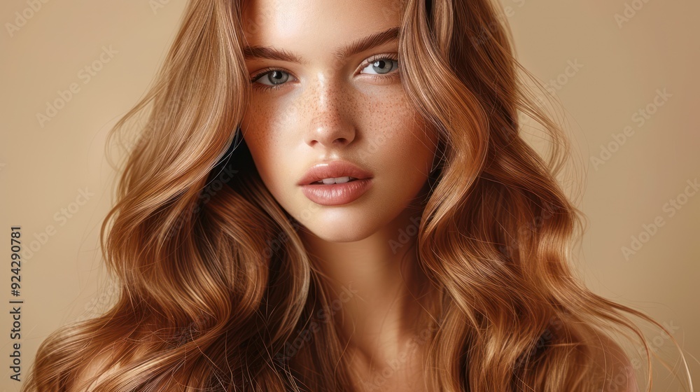 Fototapeta premium Portrait of a Young Woman with Long Wavy Hair