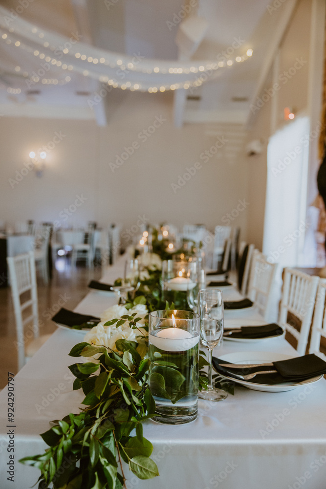Wedding Reception Head Table Decor with Greenery and Candles Wedding Reception Head Table Decor with Greenery and Candles