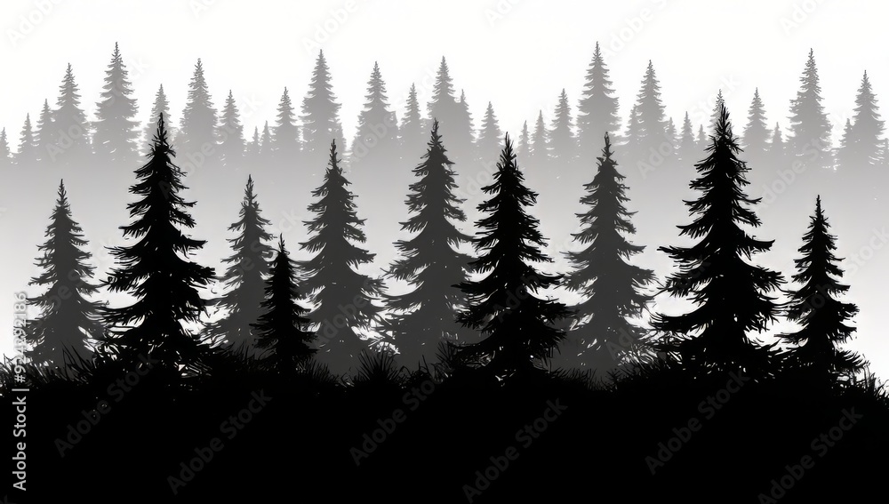 Fototapeta premium Silhouette of evergreen trees against a misty backdrop.