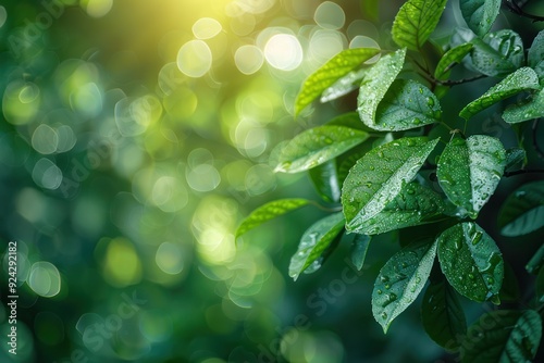 Fresh Green Leaves with Dew Drops and Sunlight