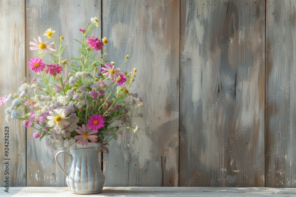 Delicate bouquet of wild flowers in a jug on a wooden wall background. Delicate bouquet of wild flowers in a jug on a wooden wall background.