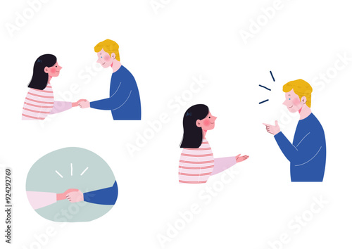 笑顔で握手をし自己紹介をする日本人女性と白人男性