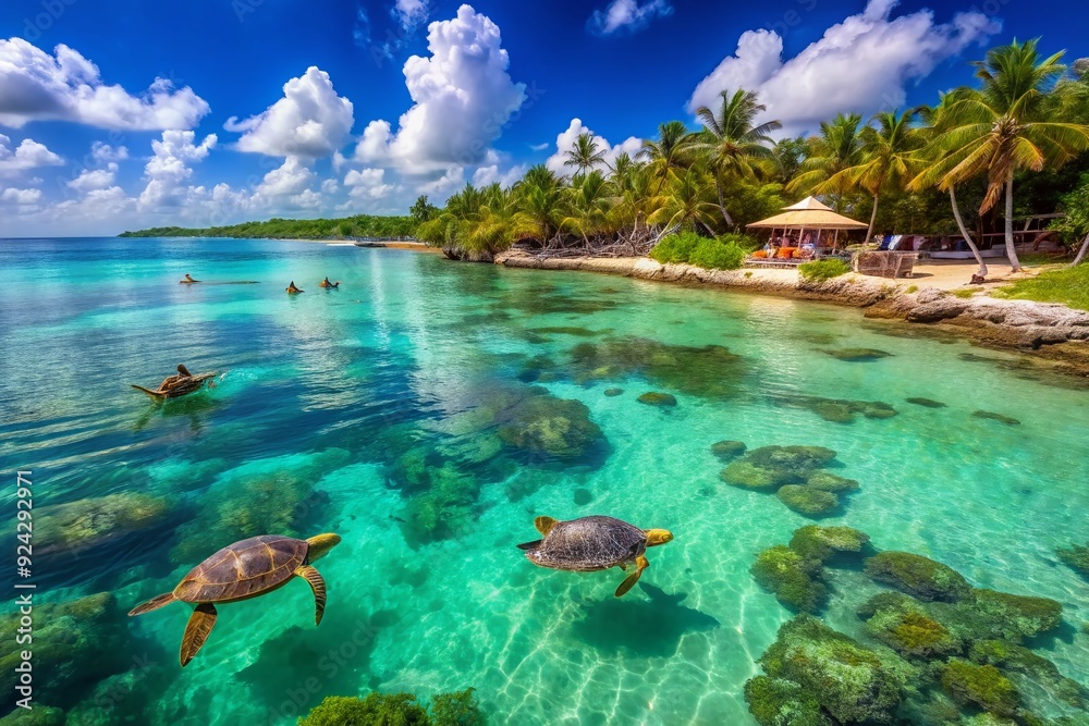 Turquoise Caribbean waters sparkle in Akumal Bay, a popular spot for snorkeling and swimming with sea turtles in designated protected areas of Mexico. Turquoise Caribbean waters sparkle in Akumal Bay, a popular spot for snorkeling and swimming with sea turtles in designated protected areas of Mexico.