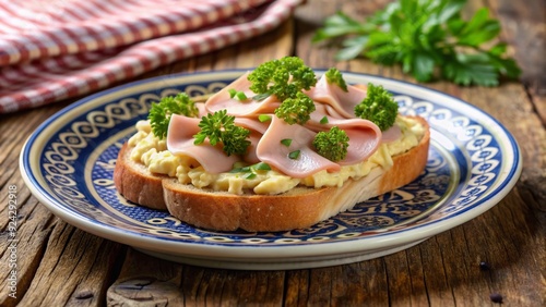 Traditional Czech chlebicek finger food, a delicate open-faced sandwich, sits atop a decorative plate, garnished with fresh parsley and awaiting celebration. photo