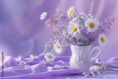 floral background, daisies and ageratum in a jug on a lilac backdrop. a bouquet of garden flowers. photo