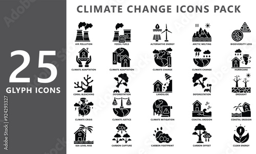 Climate change glyph icon set, contain pollutions, alternative energy, storm, deforestation, carbon and more. vector EPS 10. use for UI, UX, app and web development. for ecology and environmental.