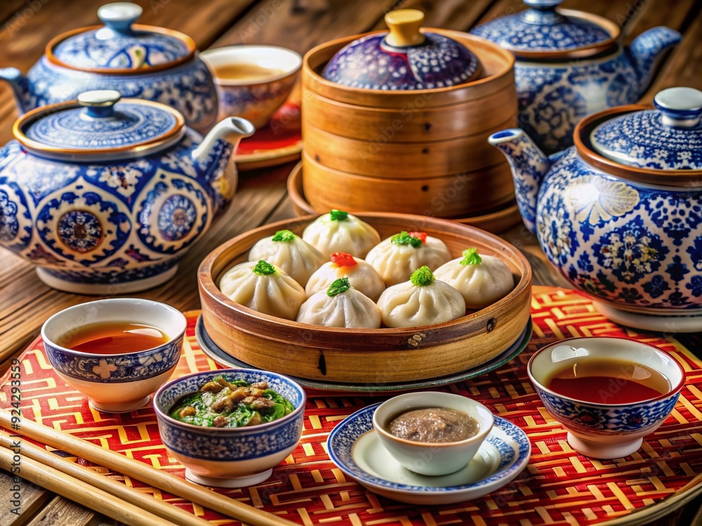 Fototapeta premium Vibrant Chinese table setting with ornate porcelain, steaming dumplings, and delicate tea cups, showcasing traditional cultural heritage and exotic culinary delights.