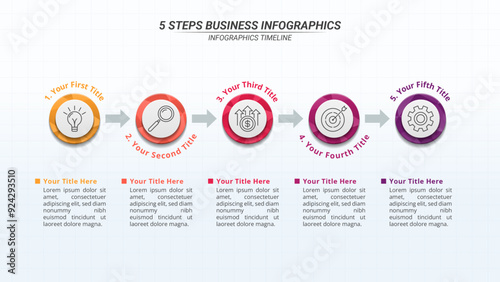 Infographic Timeline with 5 Steps and Editable Text on a 16:9 Layout for Business Presentations, Management, and Evaluation.