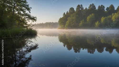 Landscape Design. Misty Morning at a Lake with Soft Fog and Partially Visible Trees. Tranquil Style photo