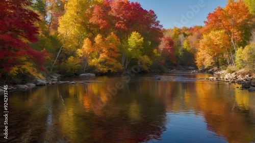 Landscape Design. Autumn River with Colorful Fall Foliage Reflections. Vibrant Style photo