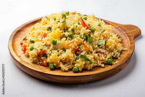 Board and plate of tasty Upma with on white background.