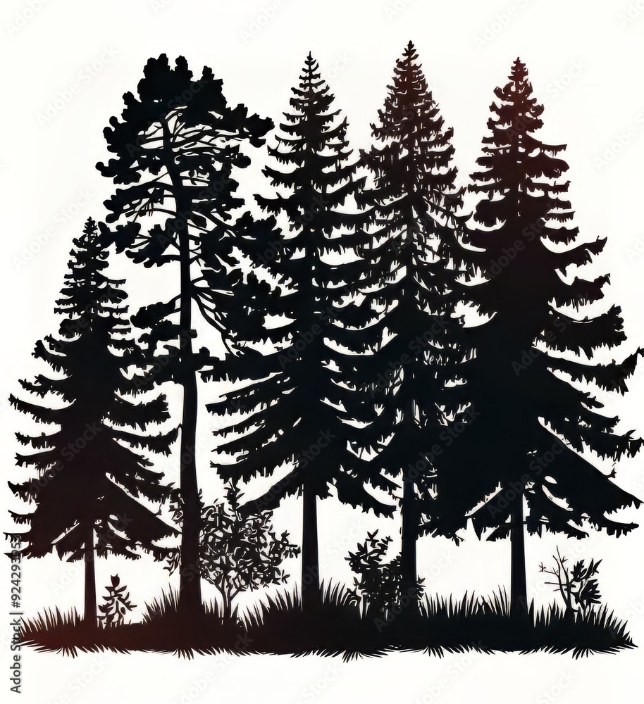 Obraz premium Silhouette of tall pine trees against a light background.